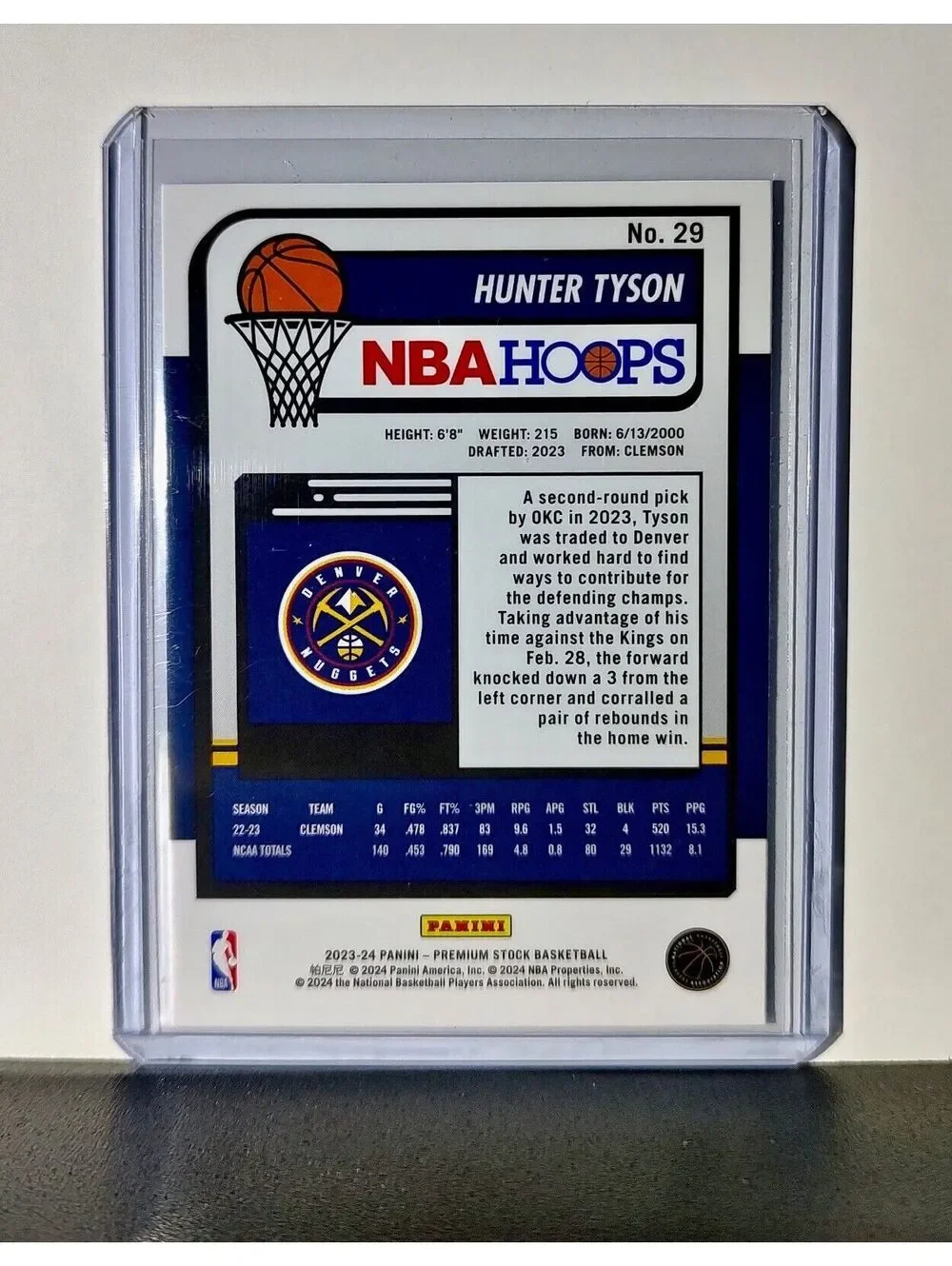 Hunter Tyson 2023-24 Panini Premium Stock NBA Hoops #29 Rookie Card Nuggets